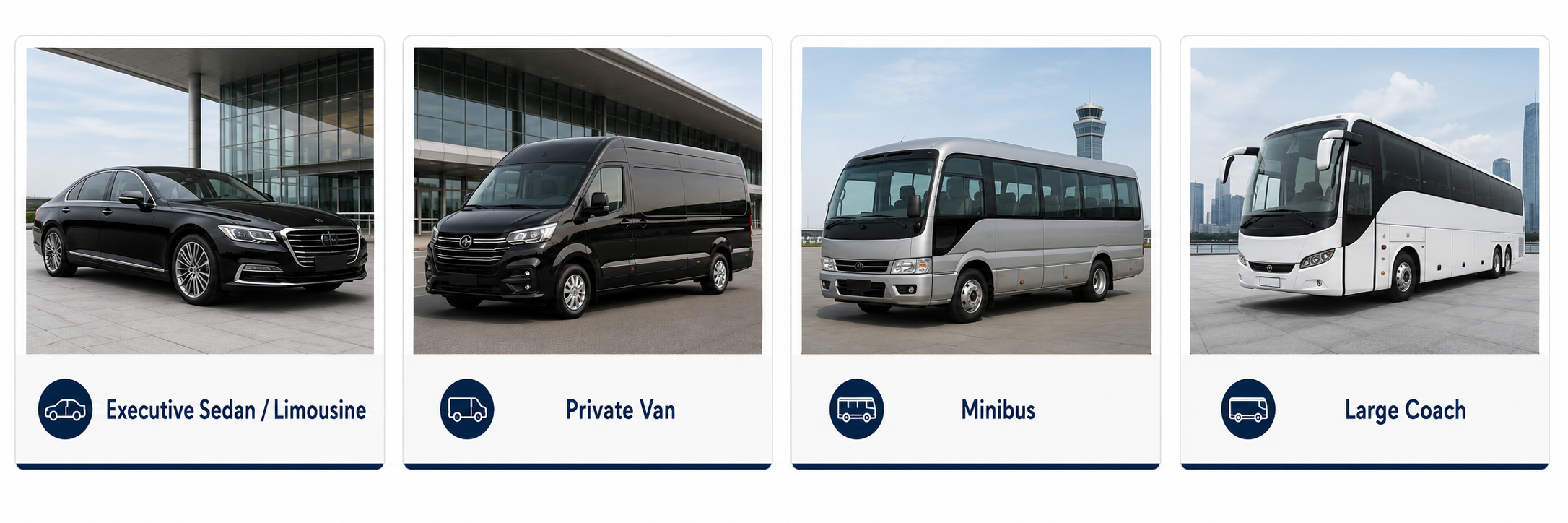 Vehicle options: Executive Sedan, Private Van, Minibus and Large Coach